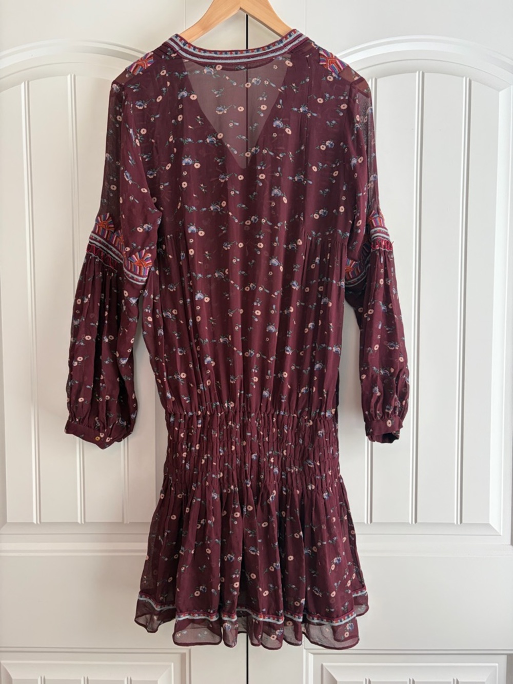ULLA JOHNSON Gita Silk Embroidered Floral Drop Waist Boho Dress Bordeaux Size 6 - Picture 10 of 16